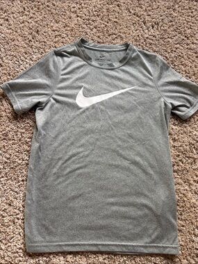 Nike Gray Short Sleeve Athletic Dri Fit Tee with White Swoosh